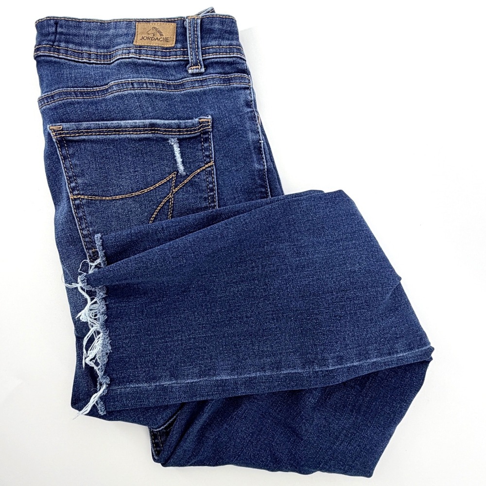 Jordache Mid Rise Skinny Jeans Womens 8 Blue Distressed Ripped Raw Hem Stretch